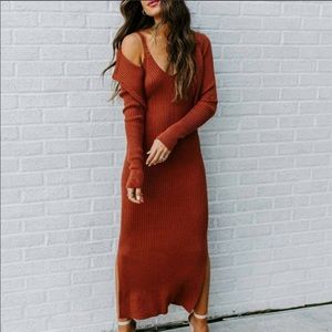 VICI Peony ribbed knit midi dress in cinnamon
